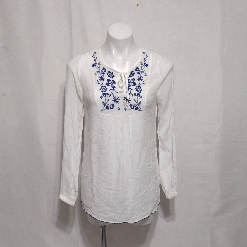 Women's White Gauze Floral Embroidered Boho Peasant Tie Neck Blouse Top Size 6 - Picture 4 of 15